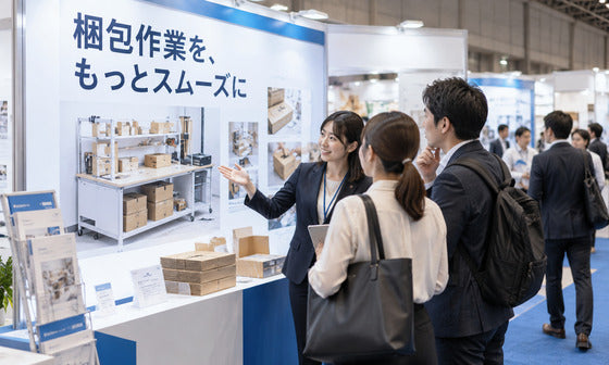 梱包作業の改善を伝える展示会の大型表示を見ながら説明を聞く来場者｜誉PRINTING