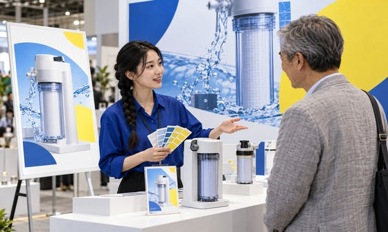 背景と商品説明の印刷デザインをそろえた展示会ブースと担当者｜誉PRINTING