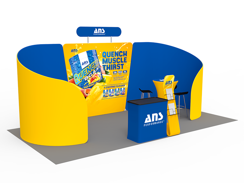 2小間 展示会ブース BOOTH-09｜半円壁面2枚＋中央ヘッダー付き壁面（カウンター・カクテルテーブル2台）