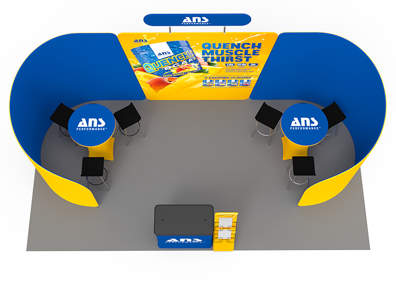 2小間 展示会ブース BOOTH-09｜半円壁面2枚＋中央ヘッダー付き壁面（カウンター・カクテルテーブル2台）