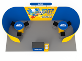 2小間 展示会ブース BOOTH-09｜半円壁面2枚＋中央ヘッダー付き壁面（カウンター・カクテルテーブル2台）