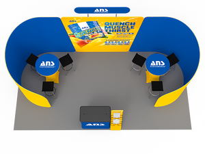 2小間 展示会ブース BOOTH-09｜半円壁面2枚＋中央ヘッダー付き壁面（カウンター・カクテルテーブル2台）