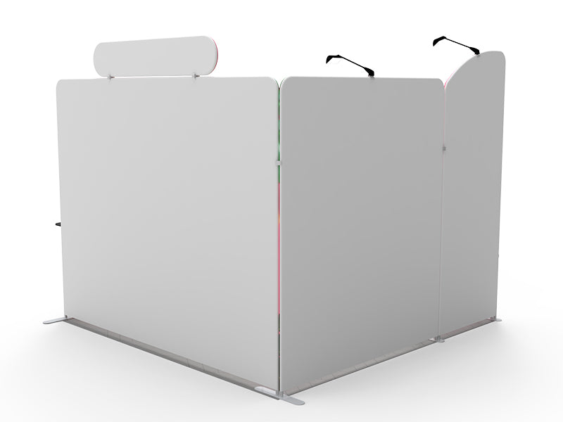 1小間 展示会ブース BOOTH-T｜幅3m ヘッダー付き壁面＋ショーケース（モニター・什器一式）
