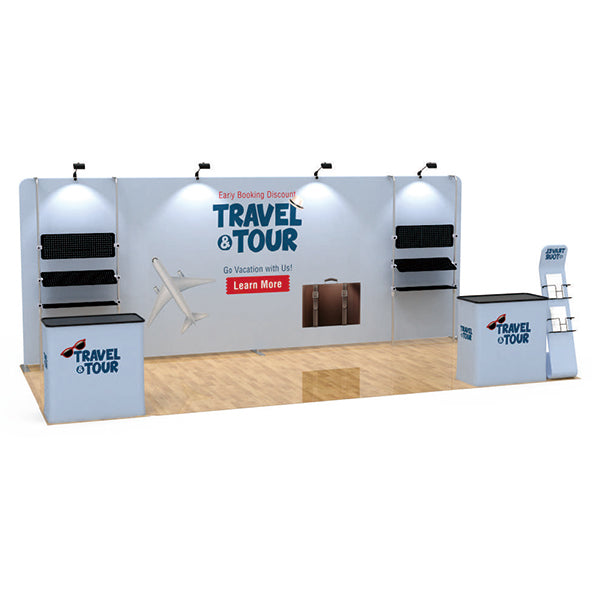 2小間 展示会ブース BOOTH-M｜幅6m ストレート壁面＋棚3段2基（カウンター2台・ファブリックサイン付）