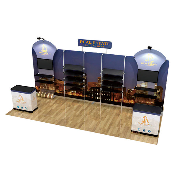 2小間 展示会ブース BOOTH-P｜幅6m ストレート壁面 ヘッダー付き＋棚4段2基＋モニタースタンド2台