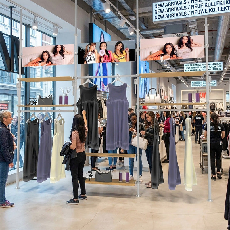 ハンガーシェルフ 金属製衣類ディスプレイスタンド 壁掛け対応で衣料品店向け