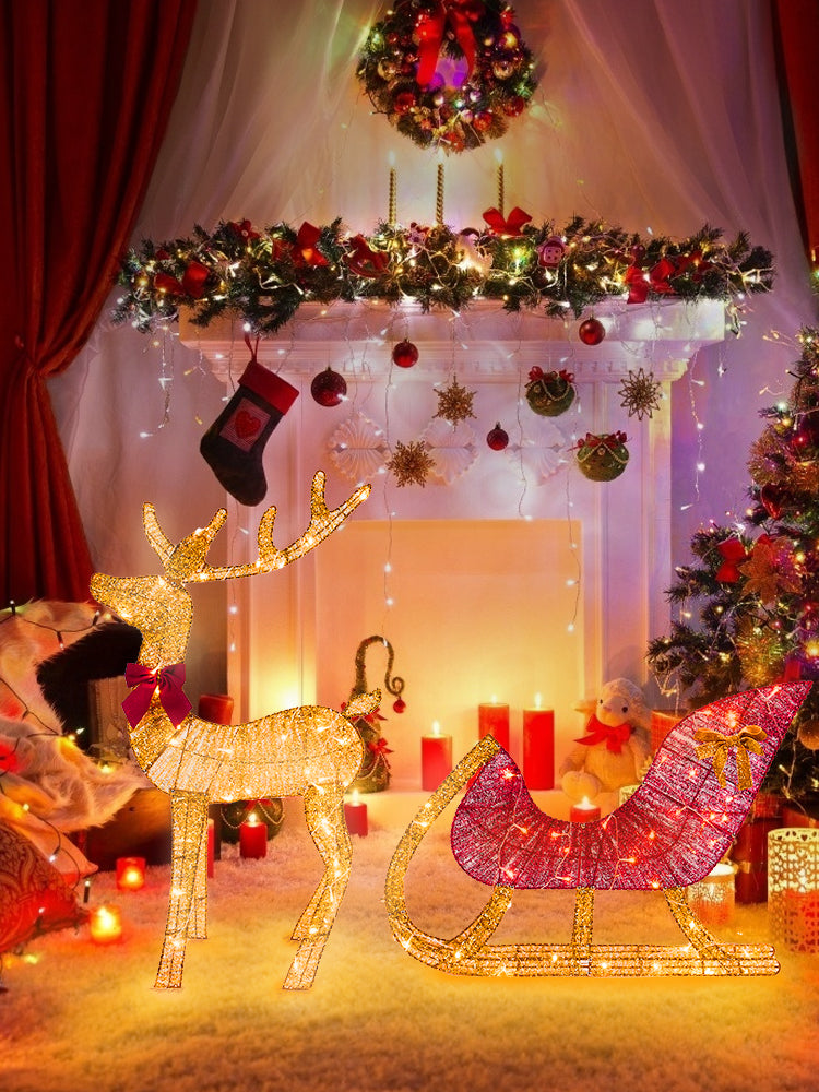 イベント・クリスマス装飾｜LEDライト付きトナカイ＆そりイルミネーションセット