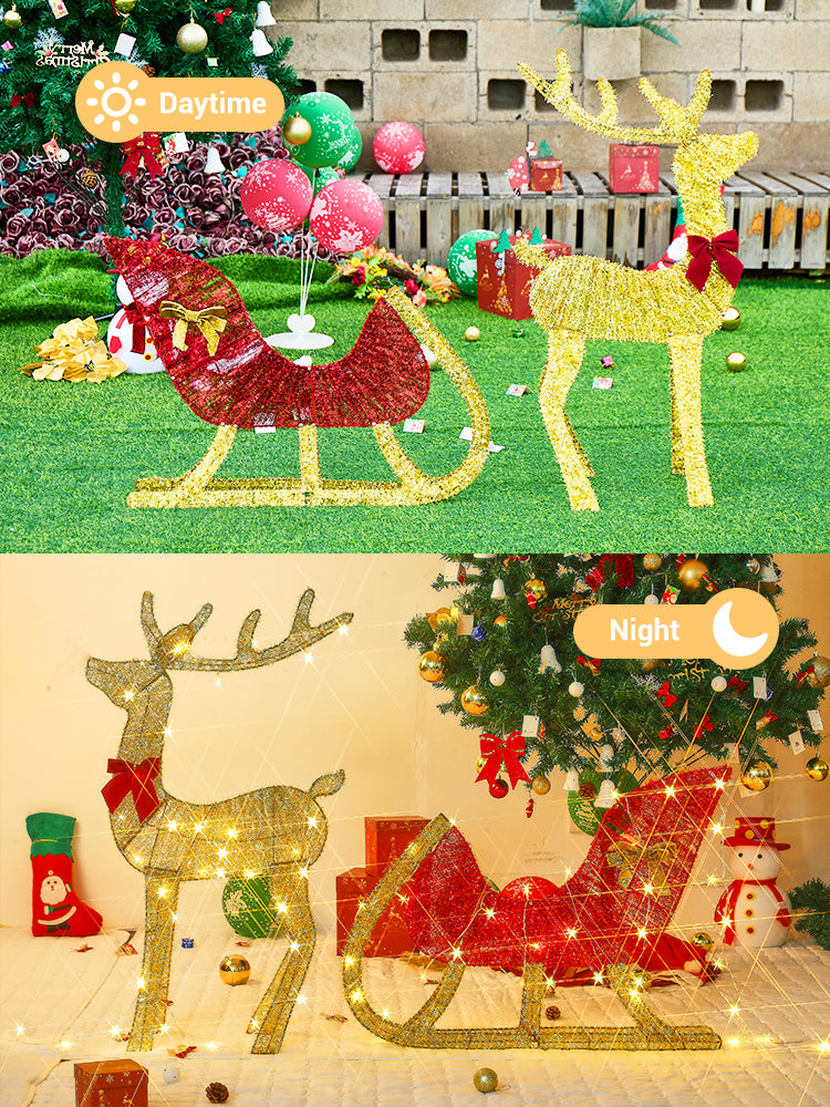 イベント・クリスマス装飾｜LEDライト付きトナカイ＆そりイルミネーションセット