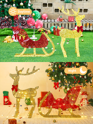 イベント・クリスマス装飾｜LEDライト付きトナカイ＆そりイルミネーションセット