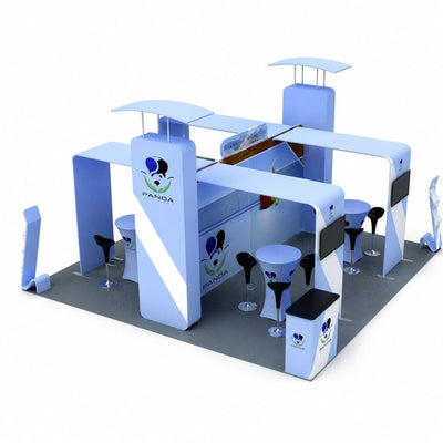 4小間 展示会ブース BOOTH-03｜幅3.9m 中央壁面＋装飾付きウォール2台＋ブリッジ4基（什器一式）