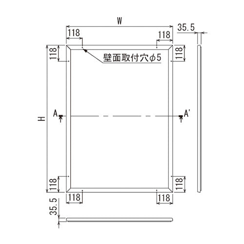 壁面掲示板 617 透明カバー付き薄型扉式案内板 外形寸法・壁面取付穴位置図｜誉PRINTING