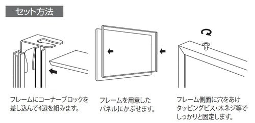 カバーフレーム6643KKにコーナーブロックを差し込み、パネルへ固定するセット方法｜誉PRINTING