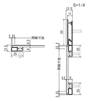 掲示ボード695の断面詳細図｜上部幅広レールと厚さ13.5mmの薄型フレーム構造｜誉PRINTING