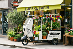 花屋の店頭で鉢植えを飾ったアイボリーのアンティーク調トゥクトゥク型ディスプレイワゴン｜誉PRINTING