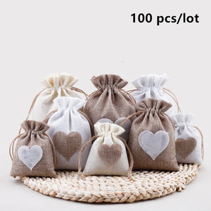 |イベント・ノベルティ用品 |  麻袋きんちゃく ハート付き 100個セット