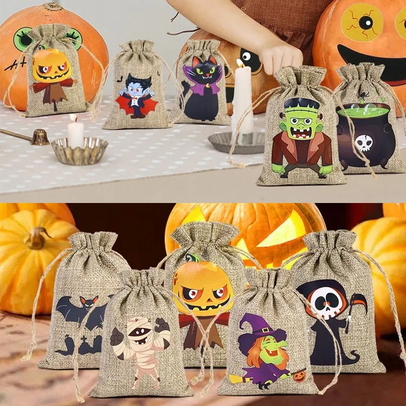 イベント・ハロウィングッズ｜ハロウィン柄リネン巾着キャンディバッグセット