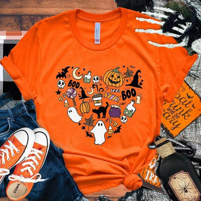 【イベント・ハロウィングッズ】レディース パンプキンハート柄 Tシャツ(XS～4XL)｜誉PRINTING