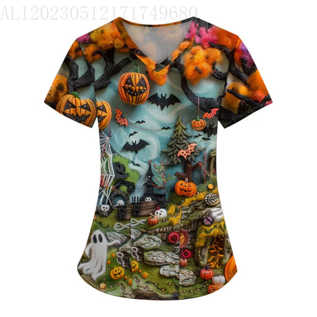 イベント・ハロウィングッズ｜ハロウィン総柄プリントVネックTシャツ（S～5XL）