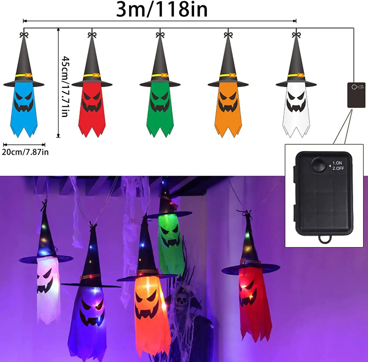 イベント・ハロウィン装飾｜ 魔女帽子型LEDライトセット 5個（3M））