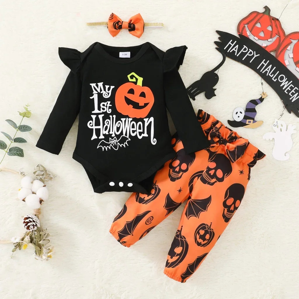 イベント・ハロウィングッズ｜ハロウィンパンプキン柄 ベビー服3点セット（3〜6ヶ月）