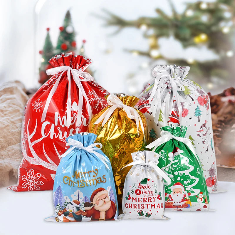 イベント・クリスマス装飾｜ビニール製 クリスマス柄巾着ギフトバック(3/5個入 )