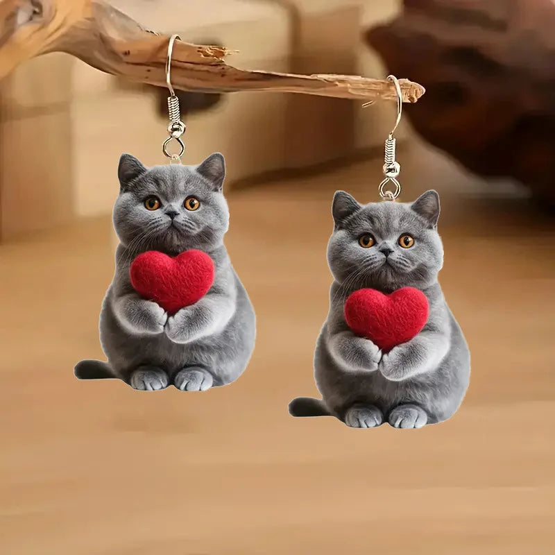 ハート型猫アクリルペンダントイヤリング