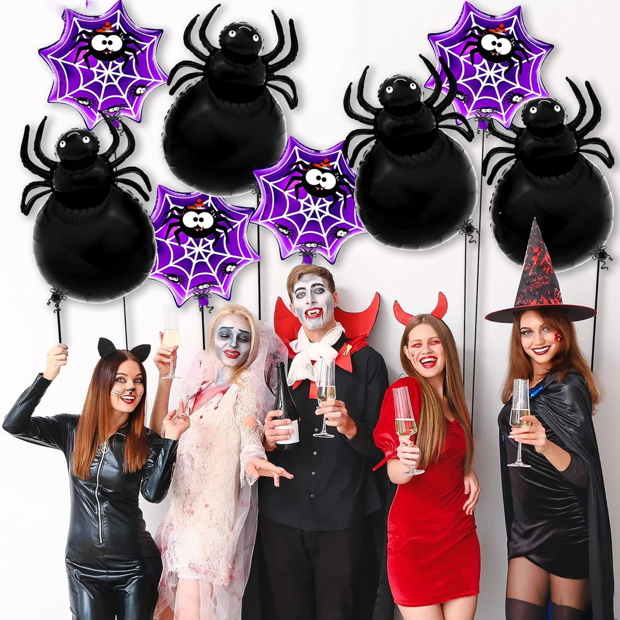 イベント・ハロウィン装飾｜スパイダーアルミホイルバルーンセット(8個)