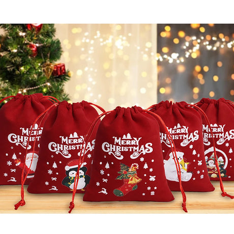 イベント・クリスマス装飾｜クリスマス柄ベルベット巾着バッグセット(12個)