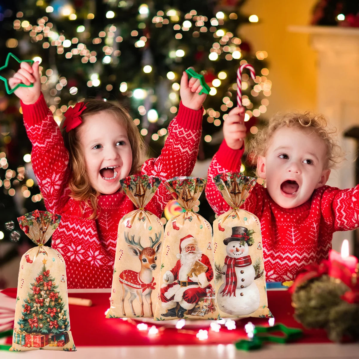 イベント・クリスマス装飾｜レトロなクリスマス柄 ビニール製 ギフトバッグ