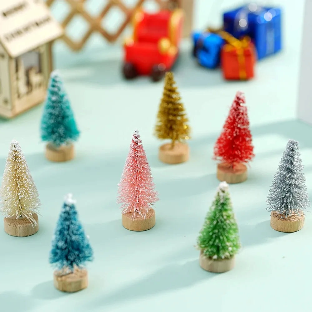ミニ人工クリスマスツリー・12個パック・木製ベース付き・DIYクラフトやホリデーホームデコレーションに最適な卓上ボトルブラシツリー