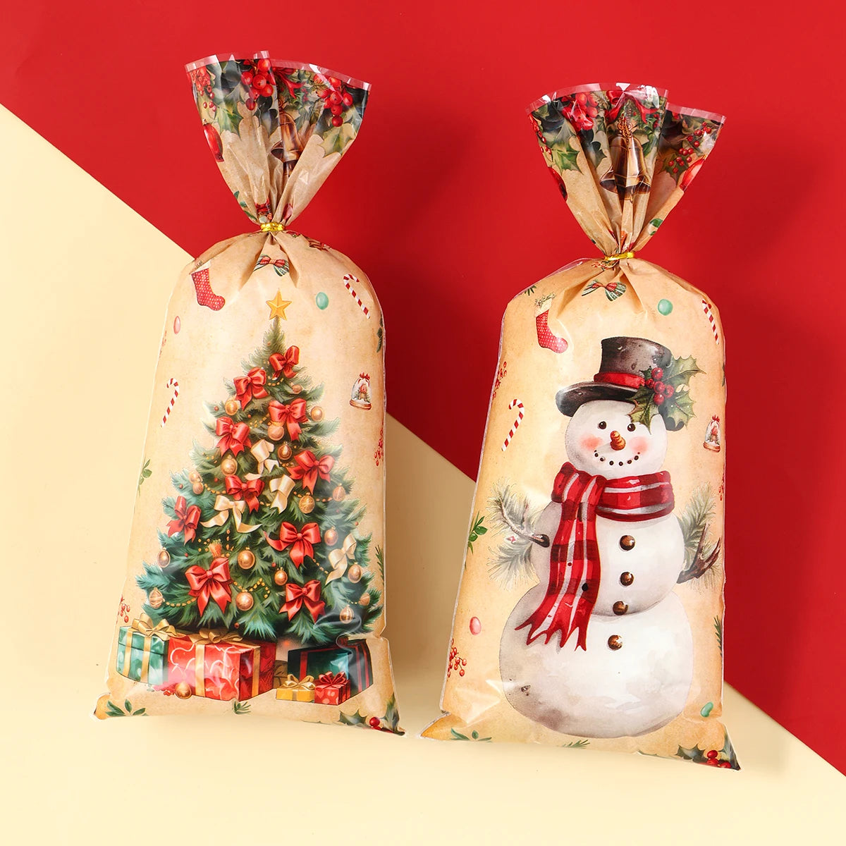 イベント・クリスマス装飾｜レトロなクリスマス柄 ビニール製 ギフトバッグ