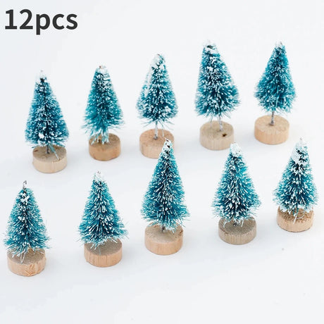ミニ人工クリスマスツリー・12個パック・木製ベース付き・DIYクラフトやホリデーホームデコレーションに最適な卓上ボトルブラシツリー