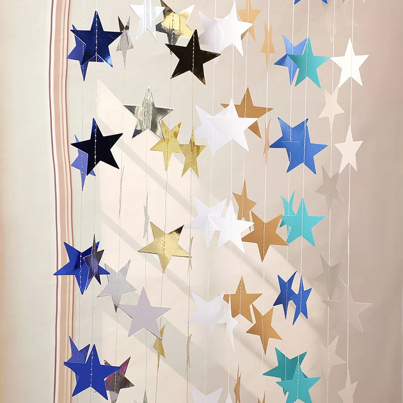 イベント・クリスマス装飾｜カラフル星型バナー ゴールドシルバーガーランド