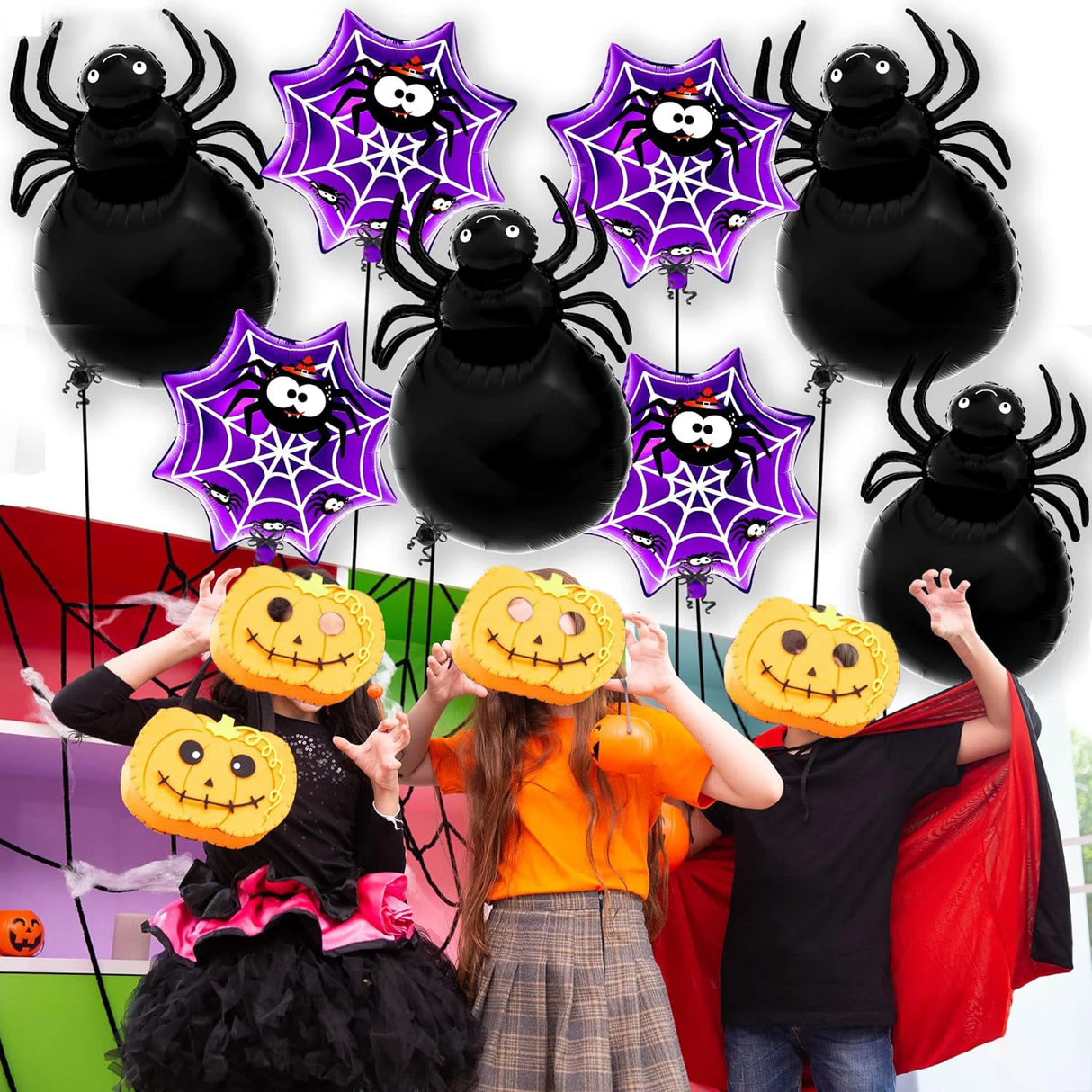 イベント・ハロウィン装飾｜スパイダーアルミホイルバルーンセット(8個)