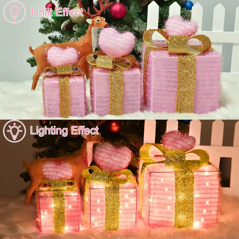 イベント・クリスマス装飾｜ピンクハート型 ライト付ギフトボックス
