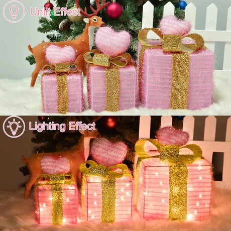イベント・クリスマス装飾｜ピンクハート型 ライト付ギフトボックス