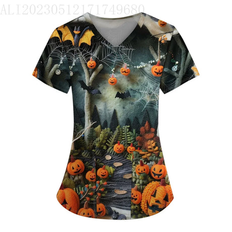 イベント・ハロウィングッズ｜ハロウィン総柄プリントVネックTシャツ（S～5XL）