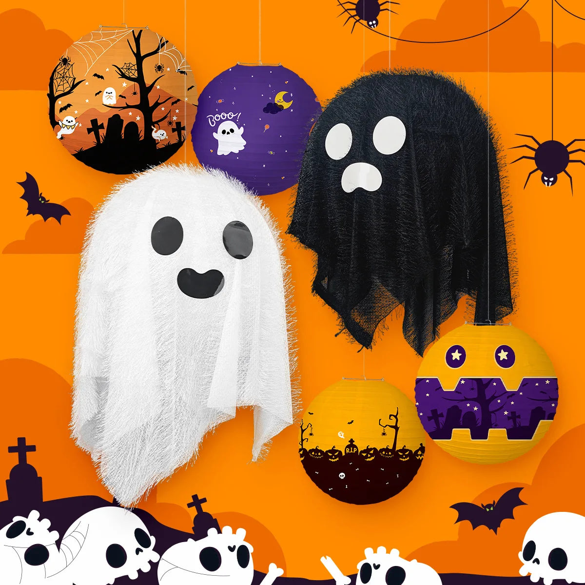 イベント・ハロウィン装飾｜ハロウィンテーマの提灯セット（カボチャ・クモ・ゴースト）