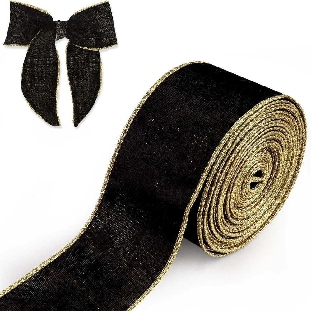 金縁ブラックベルベットリボン 2.5インチ×10ヤード