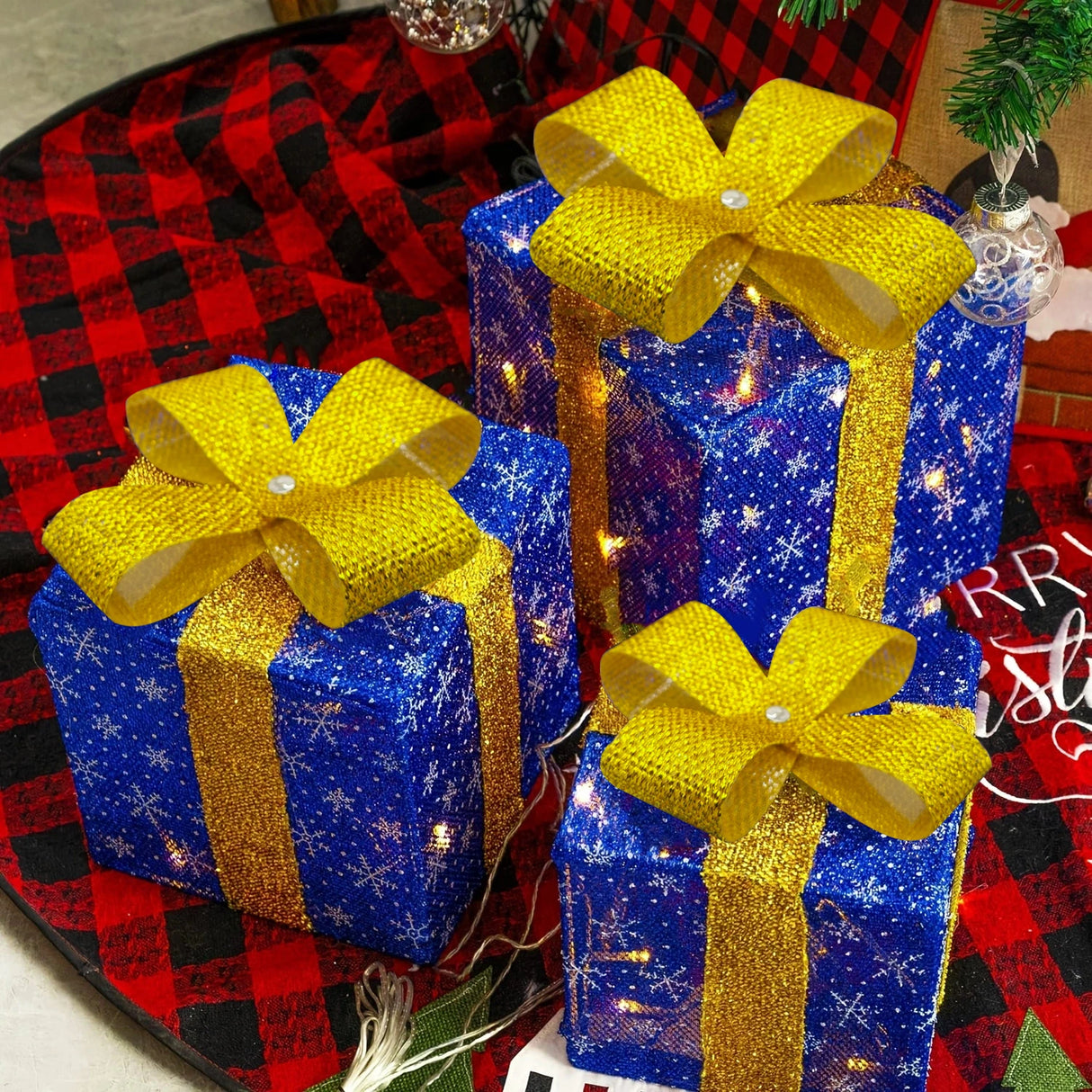 イベント・クリスマス装飾｜LEDリボン付きクリスマスギフトボックス(3個セット)