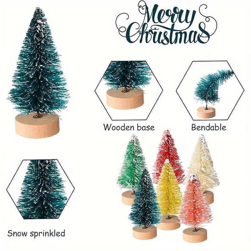 ミニ人工クリスマスツリー・12個パック・木製ベース付き・DIYクラフトやホリデーホームデコレーションに最適な卓上ボトルブラシツリー