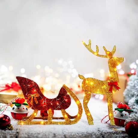 【イベント・クリスマス装飾】LEDライト付きトナカイ＆そりイルミネーションセット