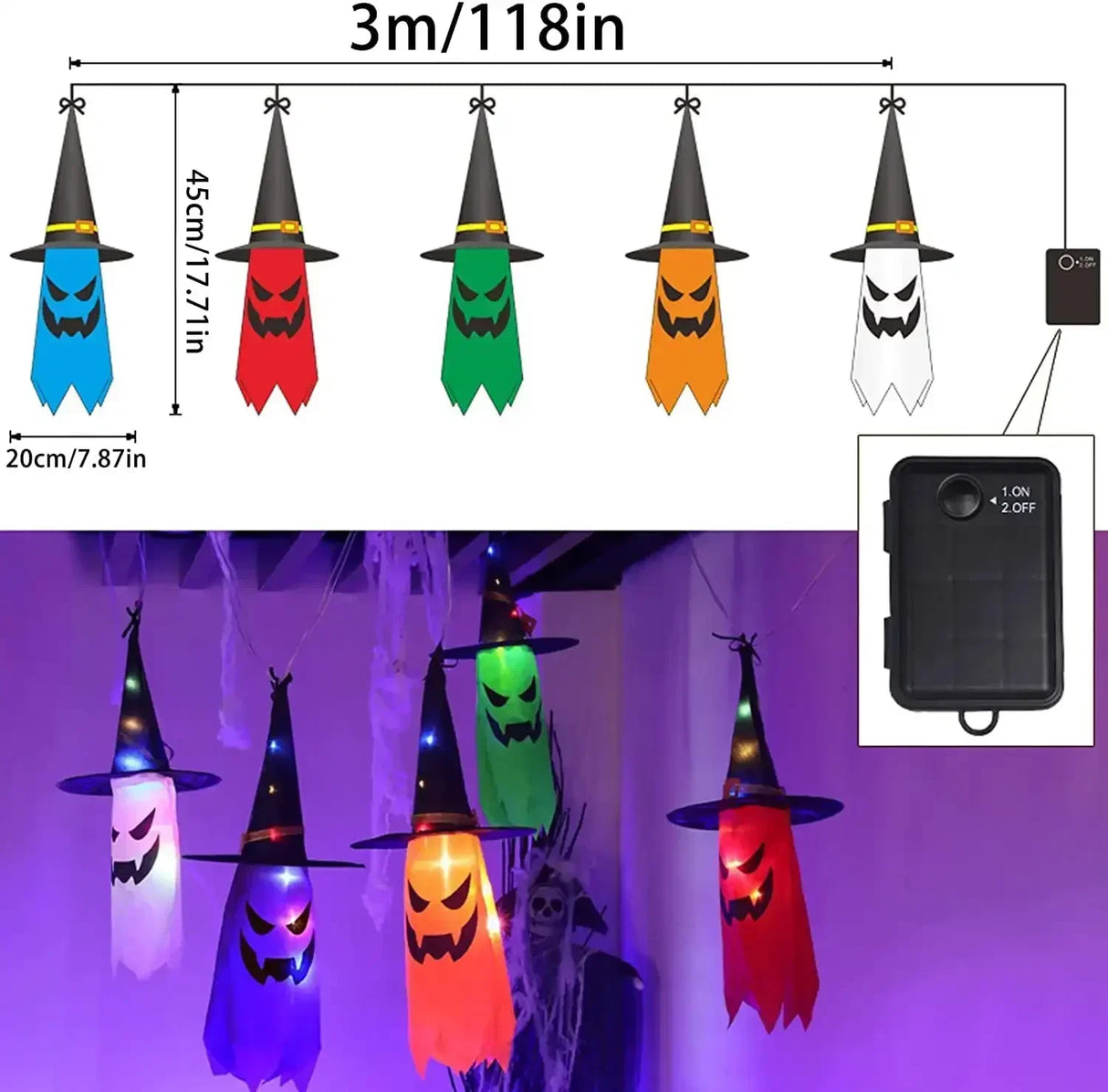 イベント・ハロウィン装飾｜ 魔女帽子型LEDライトセット 5個（3M））