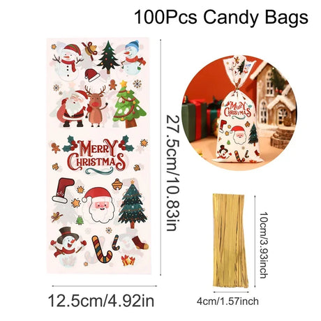 イベント・クリスマス装飾｜クリスマス柄ビニール製ギフトバッグセット(25/50/100pcs)