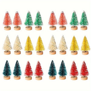 ミニ人工クリスマスツリー・12個パック・木製ベース付き・DIYクラフトやホリデーホームデコレーションに最適な卓上ボトルブラシツリー
