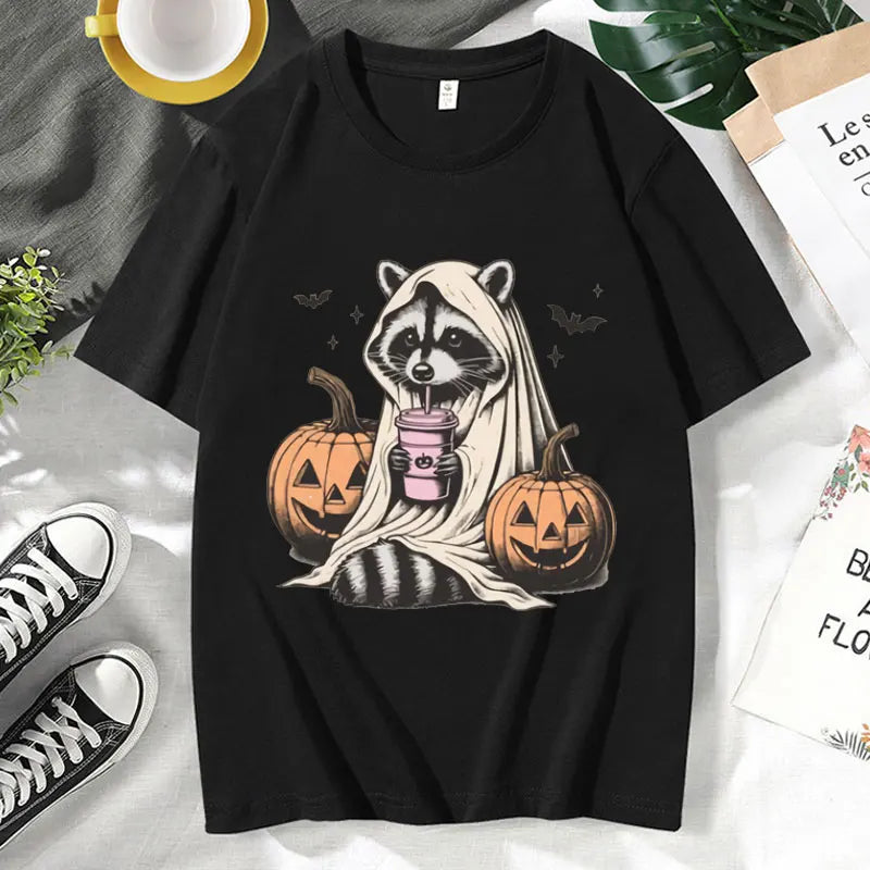 イベント・ハロウィングッズ｜ メンズ アライグマゴースト柄Tシャツ（XS～3XL）