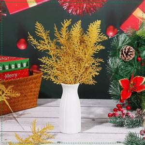 キラキラ光る人工松の枝・フェイク植物・クリスマスツリーオーナメント・ゴールドのキラキラ光るスパンコールの葉
