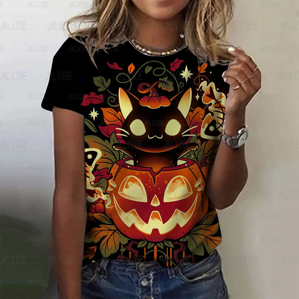 イベント・ハロウィングッズ｜レディース ハロウィン総柄プリントTシャツ（XXS～3XL）