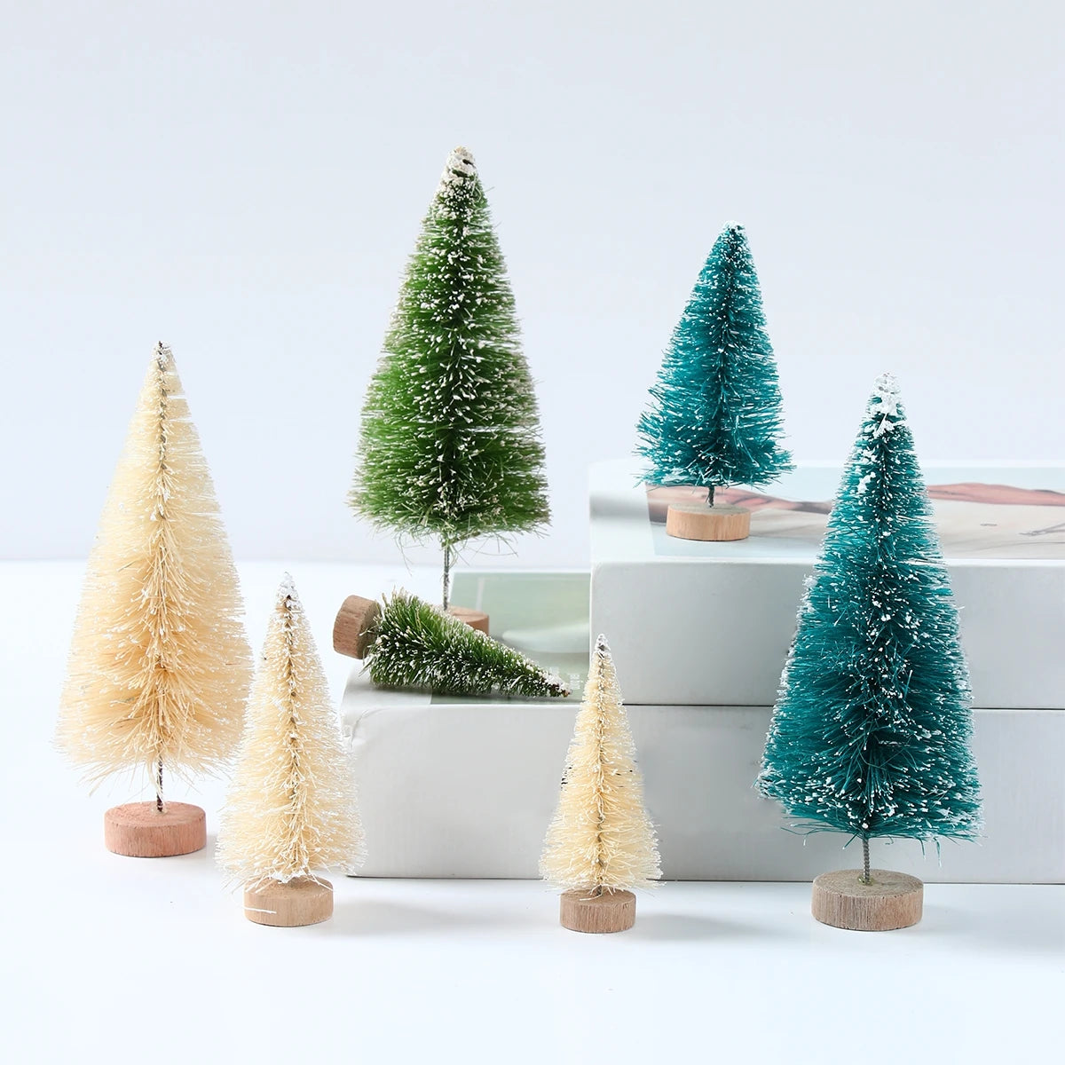 人工ミニ木製クリスマスツリー・ブルーグリーン・ホワイトゴールドタワー・パイン