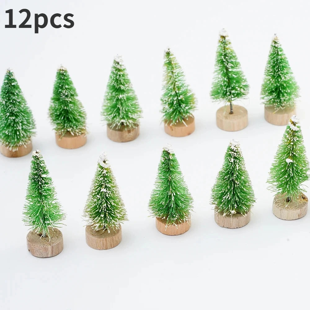 ミニ人工クリスマスツリー・12個パック・木製ベース付き・DIYクラフトやホリデーホームデコレーションに最適な卓上ボトルブラシツリー